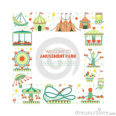 Welcome to Amusement Park Banner Template with Carousels, Festive Park Attractions and Space for Text Vector Vector Illustration