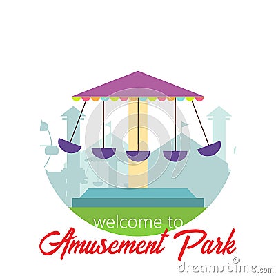 Welcome to amusement park. Amusement park landscape in flat style. Vector illustration. Vector concept for web, apps Cartoon Illustration