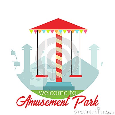 Welcome to amusement park. Amusement park landscape in flat style. Vector illustration. Vector concept for web, apps Cartoon Illustration