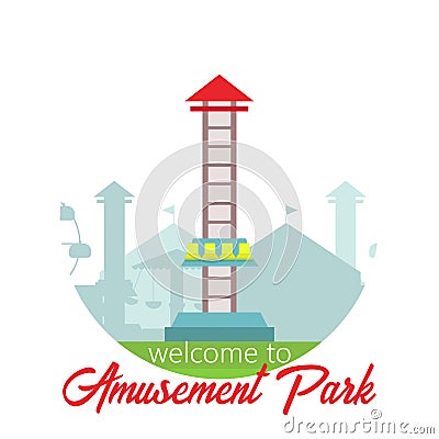 Welcome to amusement park. Amusement park landscape in flat style. Vector illustration. Vector concept for web, apps Cartoon Illustration
