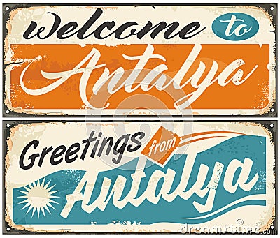 Welcome to Antalya retro souvenir signs set Vector Illustration