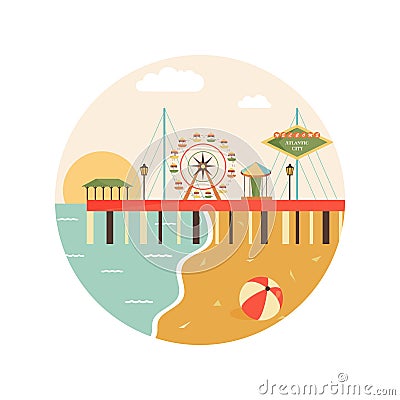 Welcome to Atlantic City poster. View on city. Vector Illustration