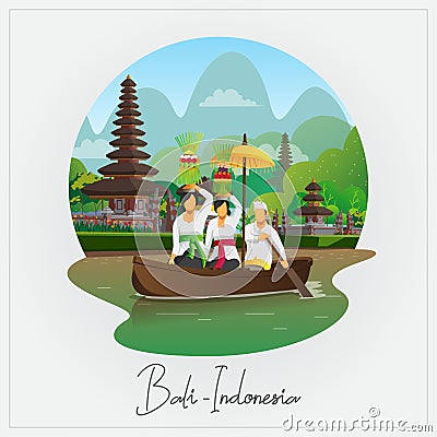 Welcome to Bali greeting card with people ride boat with Galungan ceremony equipment Vector Illustration