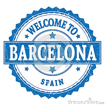 WELCOME TO BARCELONA - SPAIN, words written on blue stamp Stock Photo
