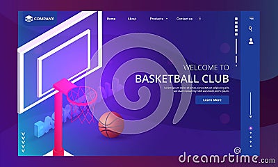 Welcome To Basketball Club Landing Page Design with Realistic Basketball Net, Ball on Field Stock Photo