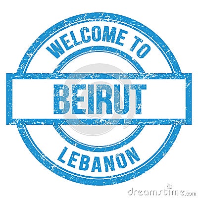 WELCOME TO BEIRUT - LEBANON, words written on blue stamp Stock Photo