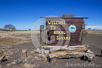 Welcome to Bekol Savana sign. Taman Nasional Baluran or Baluran National Park, Situbondo, East Java, Indonesia Stock Photo