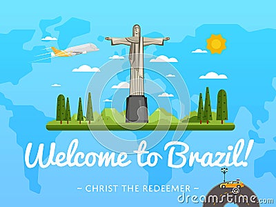 Welcome to Brazil poster with famous attraction Vector Illustration