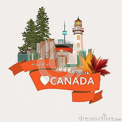 Welcome to Canada. Light design. Colorful Postcard. Canadian vector illustration. Retro style. Travel postcard. Vector Illustration