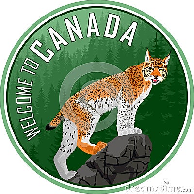 Welcome to Canada woodland forest label logo emblem with lynx - Vector Vector Illustration