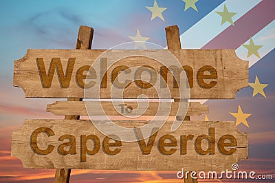 Welcome to Cape Verde sing on wood background with blending national flag Stock Photo