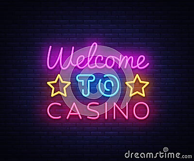 Welcome to Casino sign vector design template. Casino neon logo, light banner design element colorful modern design Vector Illustration