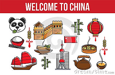 Welcome to China national symbols traveling and tourism attractions Vector Illustration