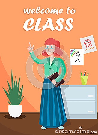 Welcome to Class, Woman Teacher in Kindergarten. Vector Illustration