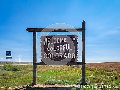 Welcome to colorful Colorado road sign at state line Stock Photo