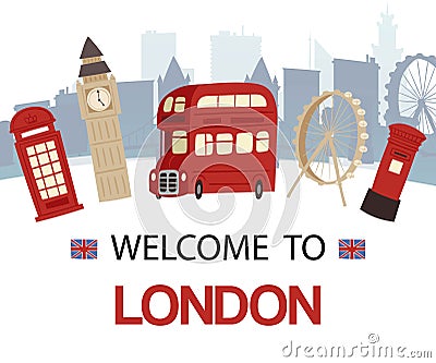 Welcome to England banner vector illustration. London tourist sights and symbols of Great Britain, discover United Vector Illustration