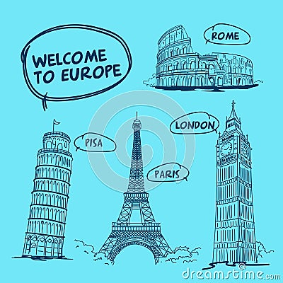 Welcome to Europe pisa rome London paris Eiffel tower Vector Illustration