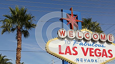 Welcome to fabulous Las Vegas retro neon sign in gambling tourist resort, USA. Iconic vintage banner as symbol of casino, games of Editorial Stock Photo