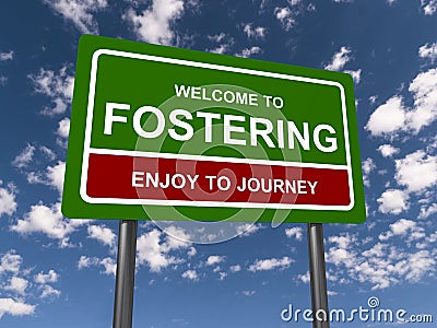 Welcome to fostering enjoy to journey traffic sign Stock Photo