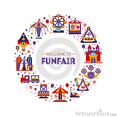 Welcome to Funfair Frame of Circular Shape, Amusement Park Elements Vector Illustration Vector Illustration