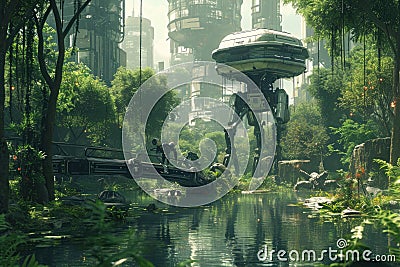 Robotic Eden: A Futuristic City Park with Synthetic Wildlife Stock Photo