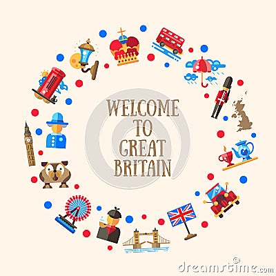 Welcome to Great Britain circle card with famous British symbols Vector Illustration