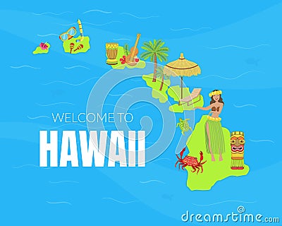 Welcome to Hawaii Banner Template, Hawaiian Traveling Symbols and Attractions Vector Illustration Vector Illustration