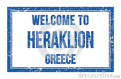 WELCOME TO HERAKLION - GREECE, words written on greek blue rectangle stamp Stock Photo