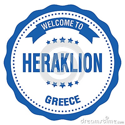 WELCOME TO HERAKLION - GREECE, words written on greek blue stamp Stock Photo