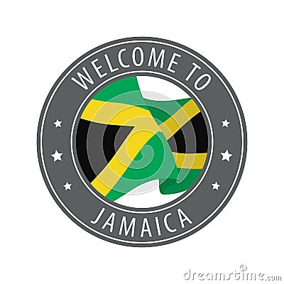 Welcome to Jamaica. Gray stamp with a waving country flag. Vector Illustration