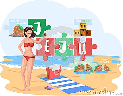 Welcome to Jeju island in South Korea, famous showplaces. Travelers visit attractions and museums Vector Illustration