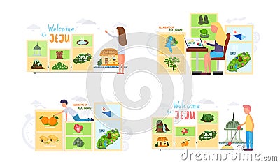 Welcome to Jeju island in South Korea, traditional landmarks, symbols. Korean land with traditional attractions Vector Illustration