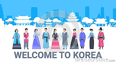 Welcome To Korea People In Traditional Costumes Over Palace Famous Korean Landmarks Silhouette Tourism Poster Vector Illustration