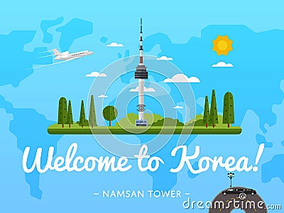 Welcome to Korea poster with famous attraction Vector Illustration
