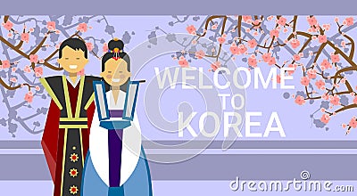 Welcome To Korea Poster, Korean Coupe In National Costumes Over Blooming Sakura Tree Vector Illustration