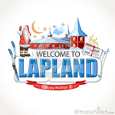 Welcome to Lapland emblem lettering sights symbols culture landmark Vector Illustration