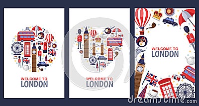 Welcome to London greeting souvenir cards, print or poster design template. Travel to Great Britain flat illustration. Vector Illustration