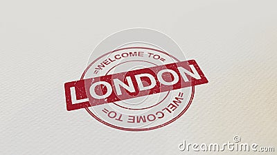 WELCOME TO LONDON stamp red print on the paper. 3D rendering Stock Photo