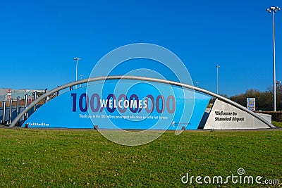 Welcome to London Stansted, english language celebrative billboard of success for the british airport Editorial Stock Photo