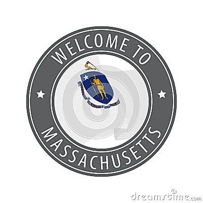 Welcome to Massachusetts. Gray stamp with a waving state flag. Vector Illustration