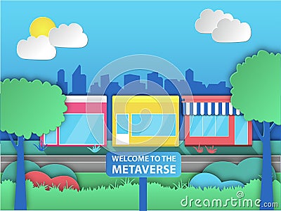 Welcome to the Metaverse concept. Cheerful illustration of a paper cut city with a Metaverse sign. Vector Illustration
