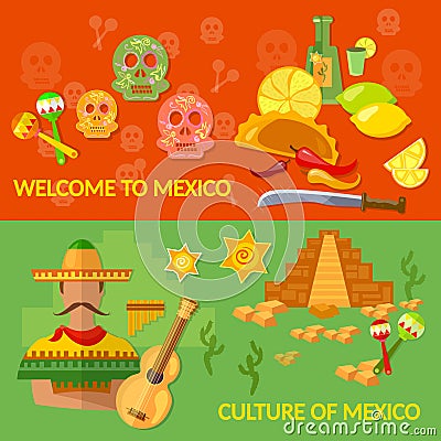 Welcome to Mexico banners Mexican culture and Mexican food Vector Illustration