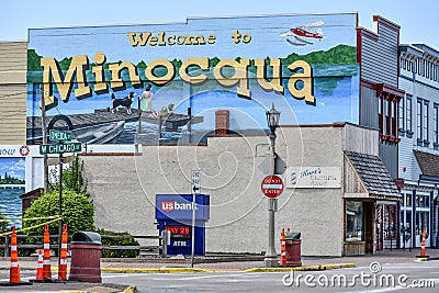 Welcome to Minocqua Wisconsin Mural Editorial Stock Photo