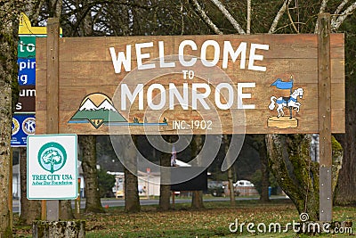 Welcome to Monroe sign in the Snohomish County city in Washington State Editorial Stock Photo