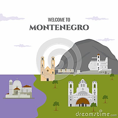 Welcome To Montenegro country design template with famous building landmarks. Flat cartoon style historic sight showplace web Vector Illustration