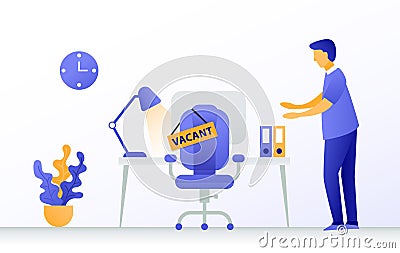 Welcome to the new job. Man in the office for new job. Vacant place in an office. Workplace with a computer in the Vector Illustration
