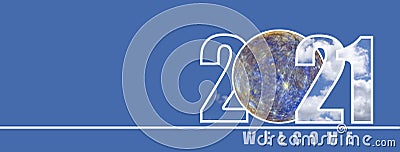 Welcome to the new year 2021. Large numbers with a white cloud texture on the sky background. The globe is used instead Stock Photo