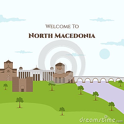 Welcome to North Macedonia vector flat illustration with famous building landmark such as St. John the Theologian, Samoil`s Vector Illustration