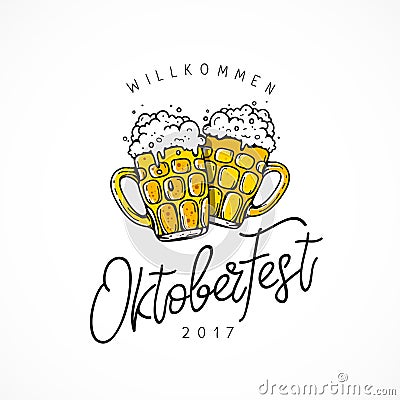 Welcome to Oktoberfest. Two mugs of beer Vector Illustration