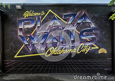 `Welcome to Plaza Walls` mural by Dusty Gilpin, a self-taught artist whose street name is okiedust. Editorial Stock Photo